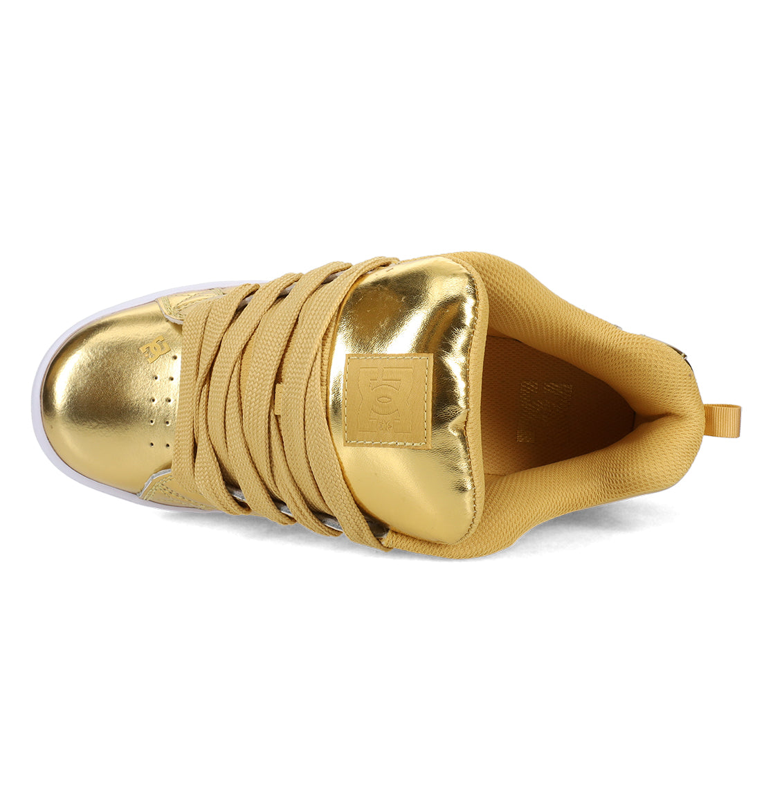 A top-down view of the Women’s Court Graffik Shoes by DC Shoes, featuring a chunky ‘90s-inspired gold design with thick beige laces, a padded collar, and a white sole. The sneaker boasts a shiny metallic finish and textured fabric lining, perfectly capturing the bold spirit of this iconic women’s style.