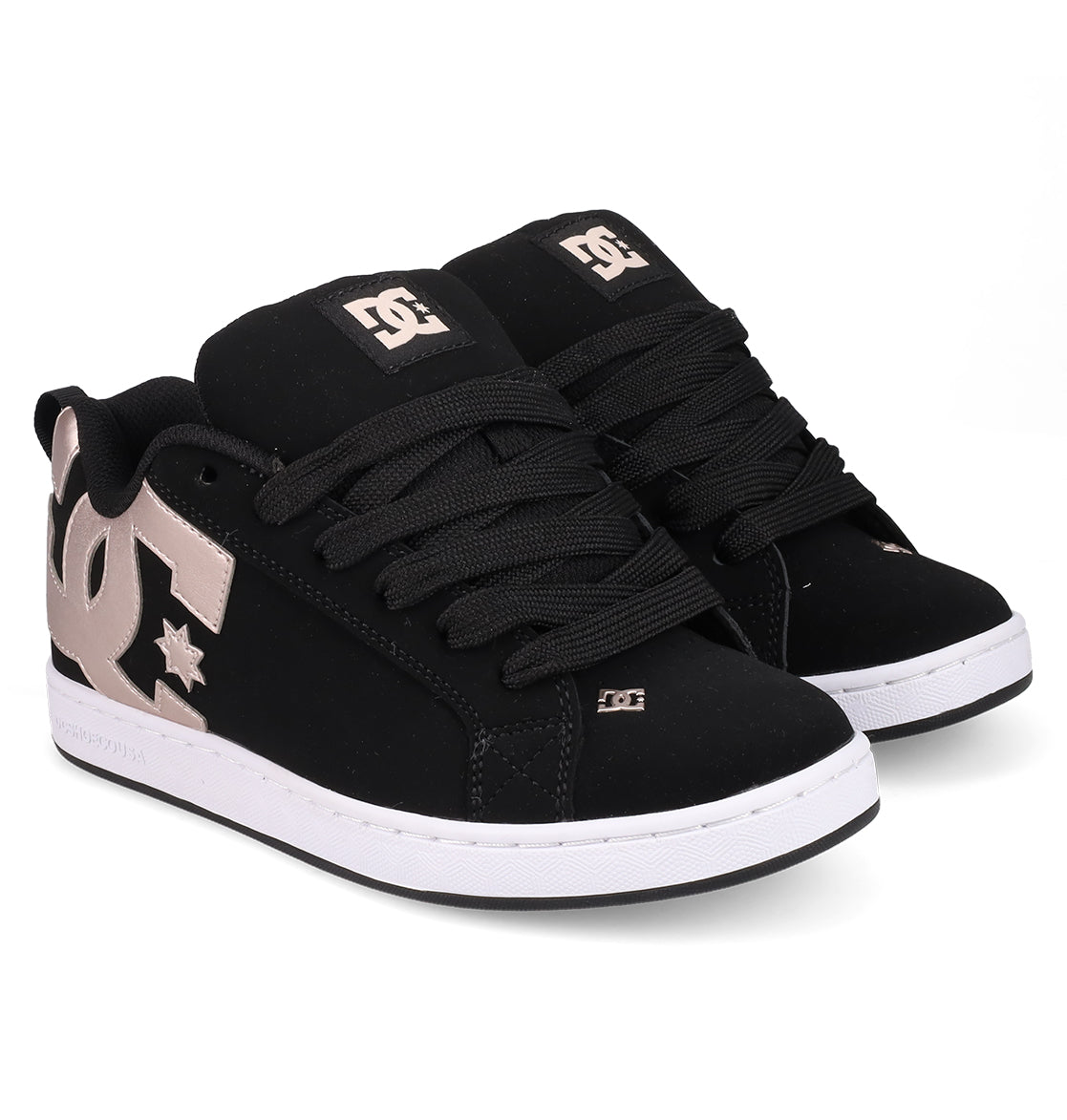 A pair of DC Shoes Women's Court Graffik sneakers in black with a puffy silhouette, thick black laces, white soles, and large metallic gold DC logos on the sides and tongues, shown on a white background.