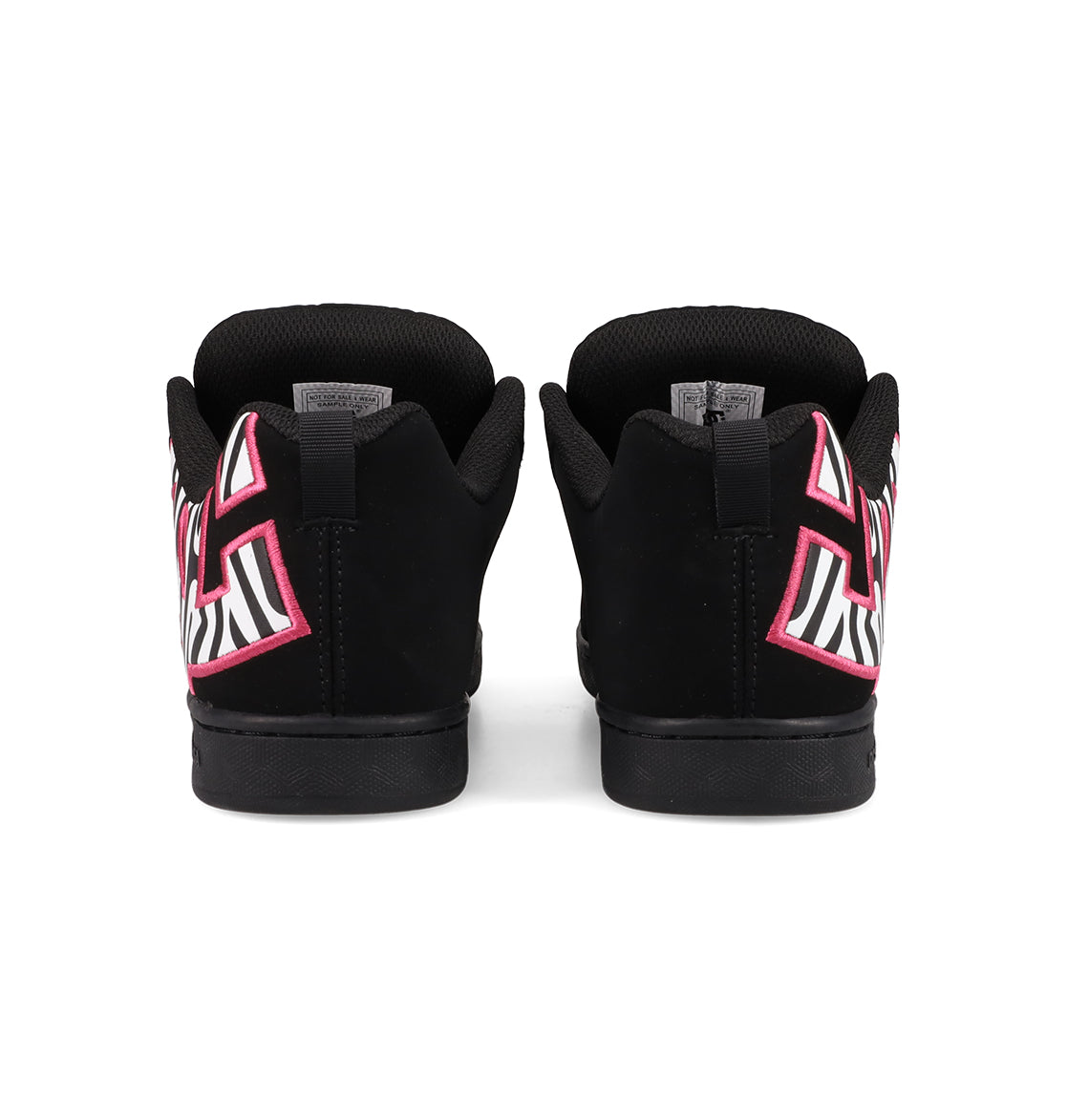 The Women's Court Graffik Shoes by DC Shoes feature a puffy black silhouette with bold white, pink, and red geometric heel patterns, padded collars, black midsoles, and the signature DC logo detail.