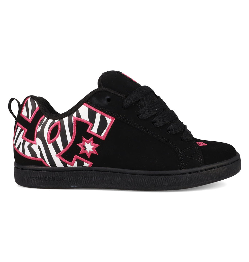 The DC Shoes Women's Court Graffik Shoes are black skate shoes with a puffy silhouette, black laces, a bold zebra stripe pattern, and pink DC logo and accents on the tongue and heel.