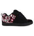 The DC Shoes Women's Court Graffik Shoes are black skate shoes with a puffy silhouette, black laces, a bold zebra stripe pattern, and pink DC logo and accents on the tongue and heel.