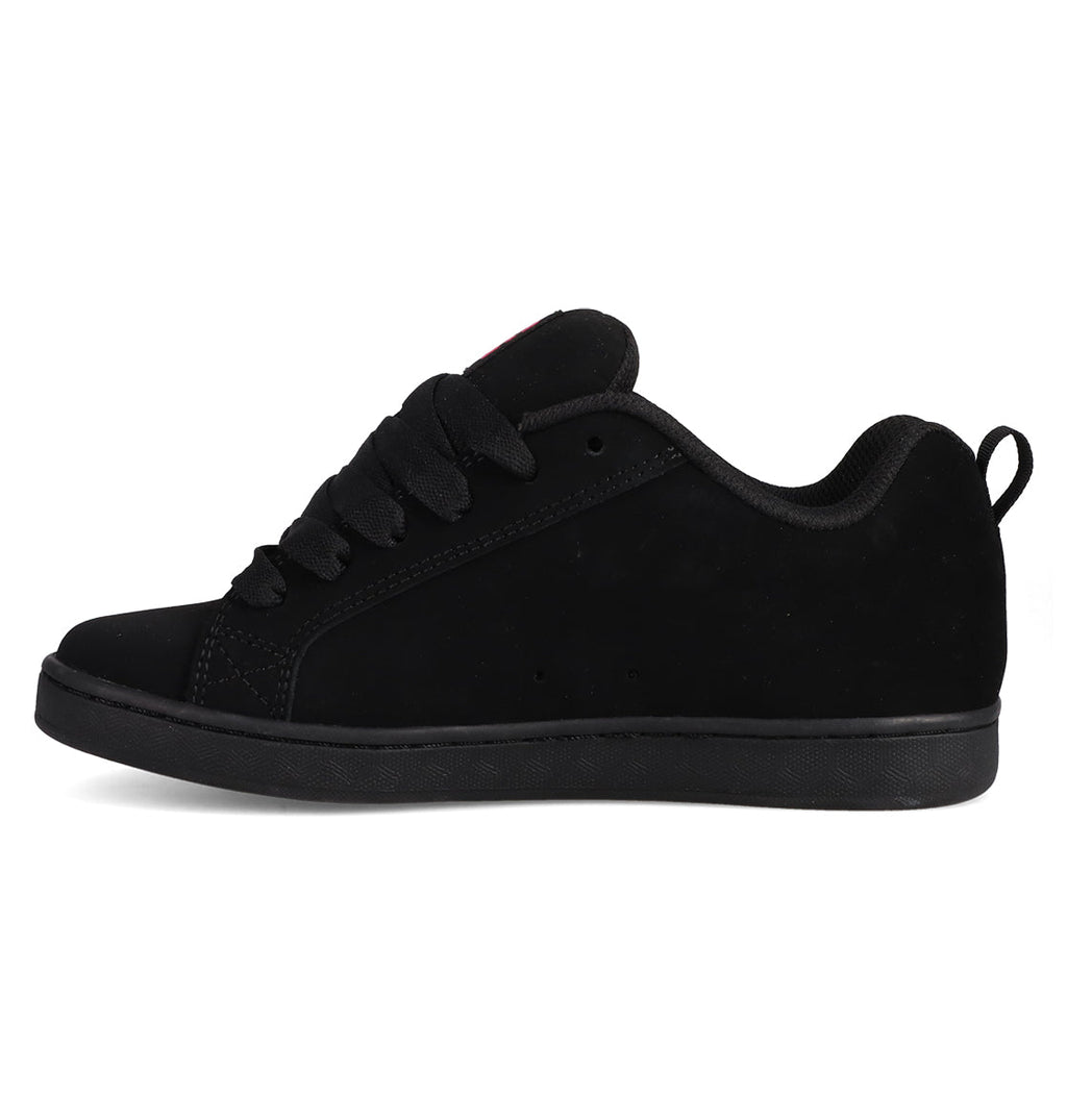 The Women's Court Graffik Shoes by DC Shoes feature a black, low-top, puffy silhouette with black laces, a black sole, suede-like finish, and the classic DC logo, shown in side profile facing left.