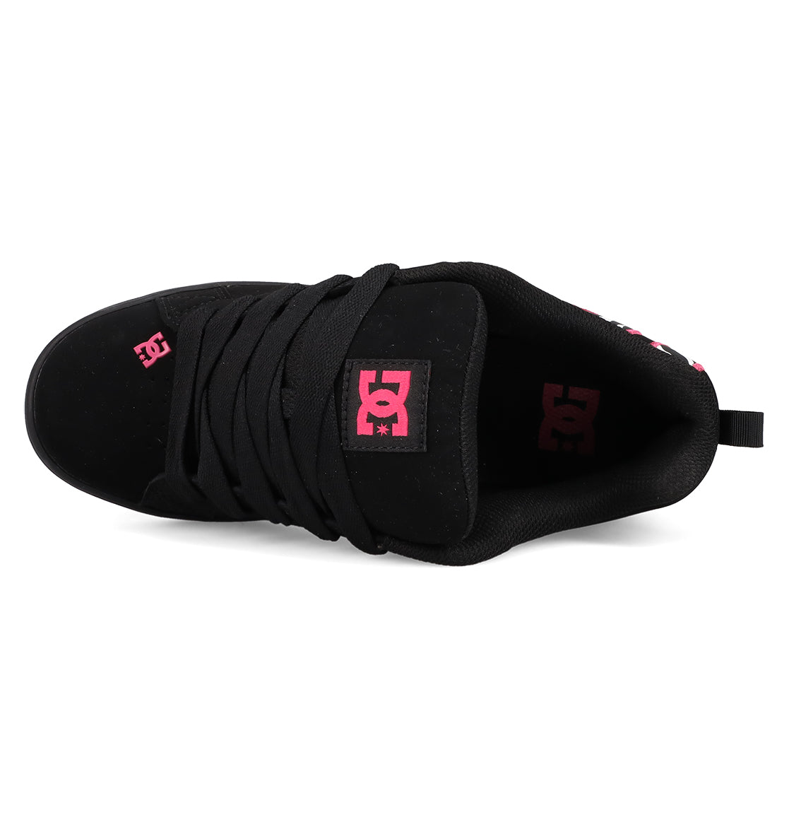 Top view of the Women's Court Graffik Shoes by DC Shoes, featuring a black design with thick black laces, pink DC logos on tongue and heel, padded collar, puffy silhouette, and back pull tab.