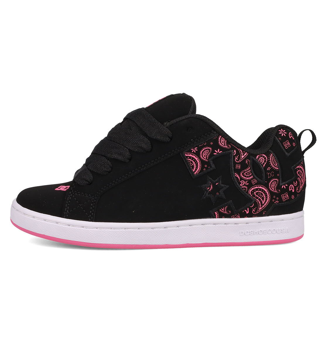 The Women's Court Graffik Shoes by DC Shoes feature a puffy black silhouette with thick black laces, pink paisley side and heel accents, a bold DC logo, and a white sole highlighted with pink.