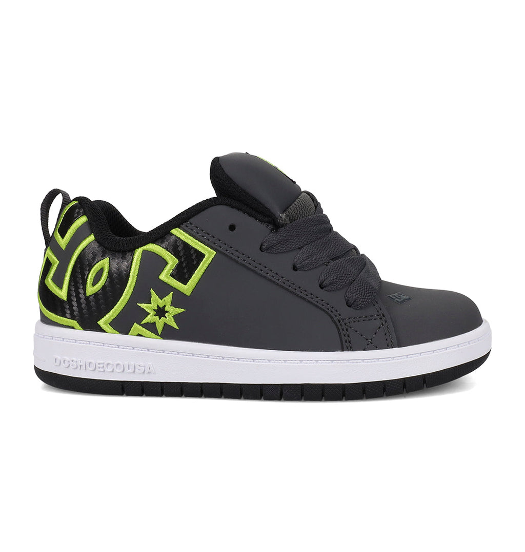 Introducing the DC Shoes Kids’ Court Graffik Shoes—a black and gray skate shoe highlighted by thick black laces, a crisp white sole, and neon yellow-green accents, including a bold star and large stylized lettering on the side. Designed with lightweight cushioning for added comfort and rubber details for superior impact absorption as your child rides.