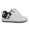 The DC Shoes Kids' Court Graffik Shoes feature a white and black low-top skate style with a thick sole, white laces, black DC logo on the side, and a convenient heel loop—ideal for kids.