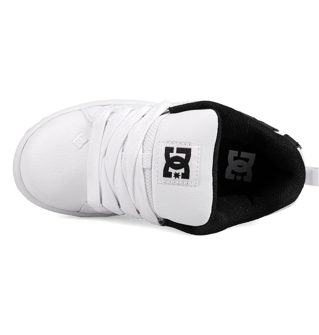 Top view of the Kids' Court Graffik Shoes by DC Shoes, featuring white laces, black interior lining, and a tongue with the black DC Shoes star logo on white—offering classic skate-inspired style.