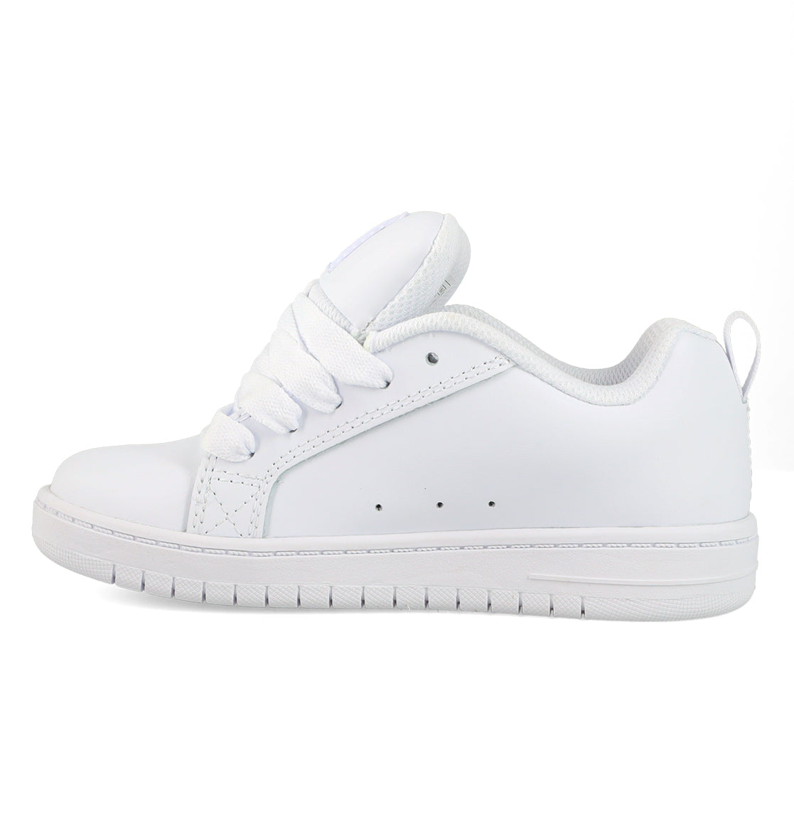 The Kids' Court Graffik Shoes by DC Shoes feature a plain white low-top design with white laces, a textured sole, and minimal stitching—side view on a white background—channeling classic skate-inspired style.