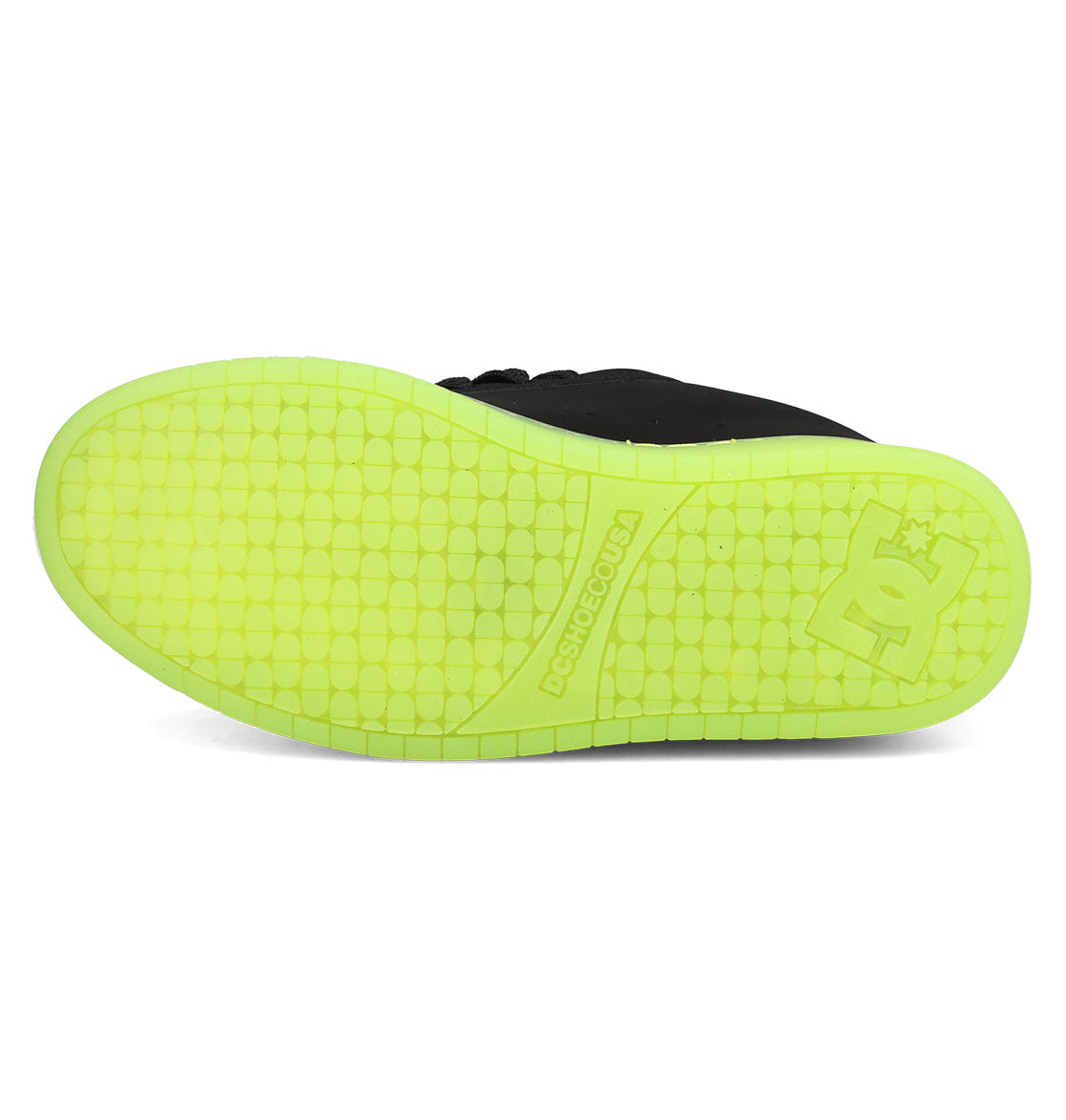 The image shows the sole of DC Shoes Men's Court Graffik SE Shoes in black, with a vibrant yellow-green textured bottom and the DC Shoes logo near the heel, emphasizing its trendy style.