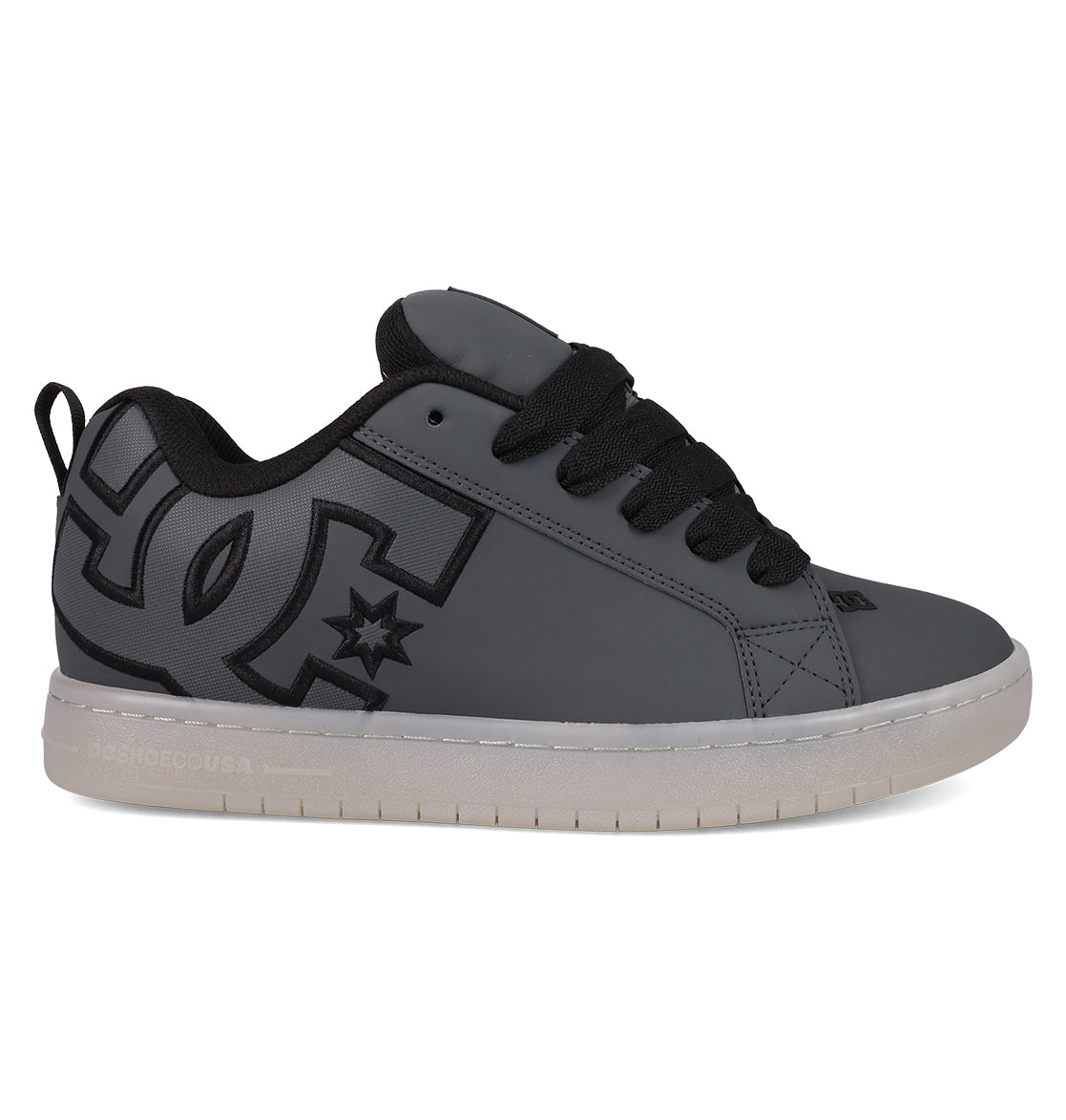 The Men's Court Graffik SE Shoes by DC Shoes feature a gray and black puffy silhouette, a large side logo, black laces, white sole, low-top design, and visible stitching for added style.