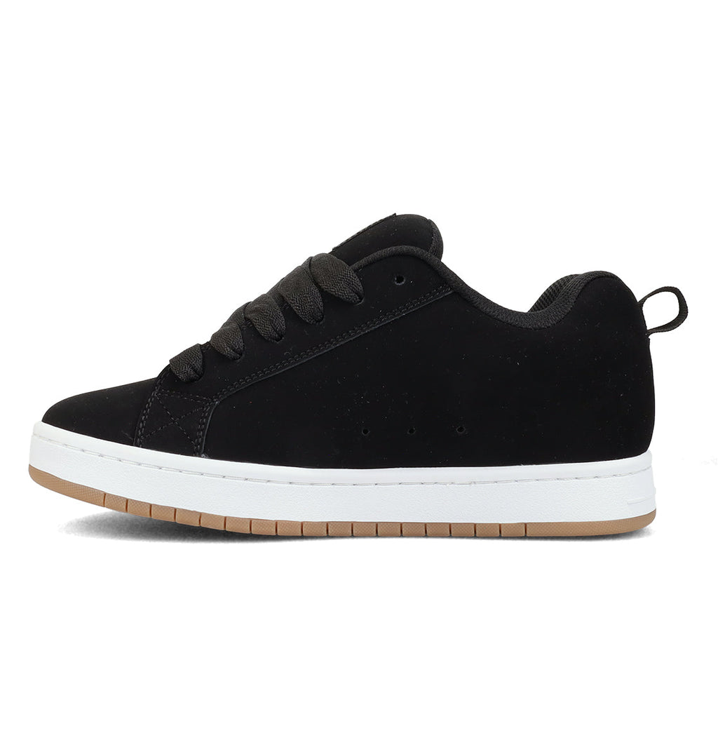 The Men’s Court Graffik Special Edition Shoes by DC Shoes are shown in a side view against a white background, featuring a black low-top design with a white sole and gum outsole, the signature puffy silhouette of the Court Graffik, and a bold DC logo.