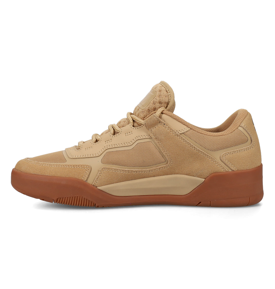 Discover the DC Shoes Men’s Metric Skate Shoes—featuring tan suede and mesh panels, matching tan laces, and a brown rubber sole with a durable outsole for long-lasting wear. Presented in a side profile view against a white background.