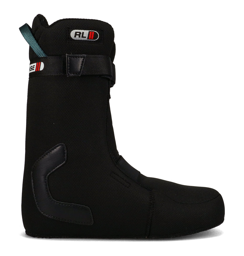 A black DC Shoes boot liner with a side strap, ankle padding, and a green pull tab at the back is shown in profile against a white background—designed to enhance comfort and support in Men’s Control Snowboard Boots during your snowboarding adventures.