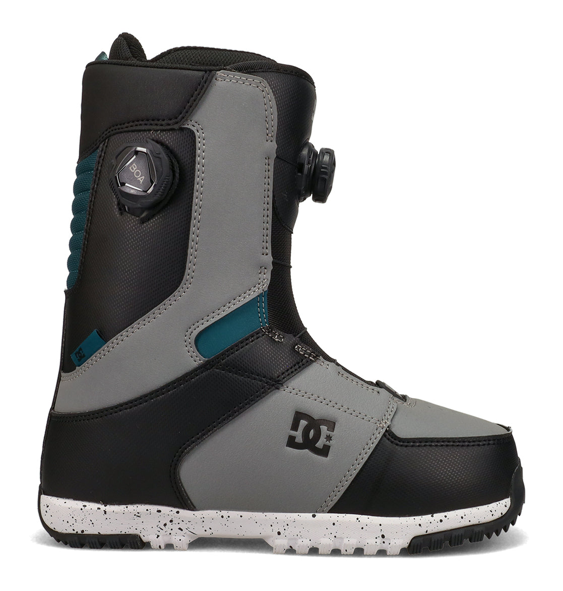 A single gray and black DC Shoes Men’s Control Snowboard Boot with a textured sole, BOA dial system, blue accent, and DC logo on the side—viewed from the left and designed for high-performance snowboarding.