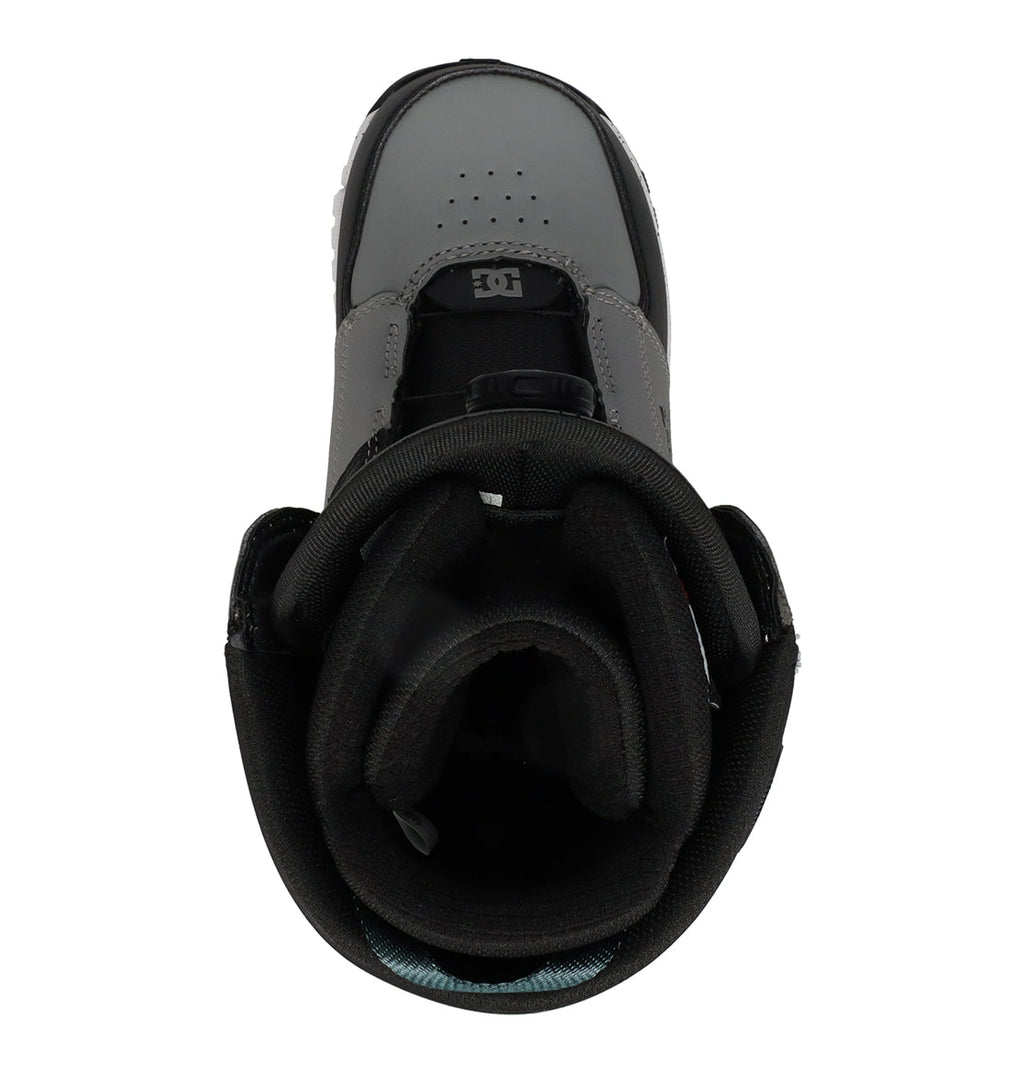 Top view of a gray and black DC Shoes Men’s Control Snowboard Boot, featuring thick padding and visible stitching with an open entry and tongue area—designed for superior comfort and control while snowboarding.