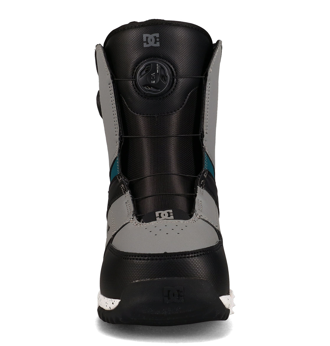 Front view of a single gray and black DC Shoes Men’s Control Snowboard Boot with teal accents and a round tightening dial at the top center—perfect for snowboarding enthusiasts seeking reliable performance.