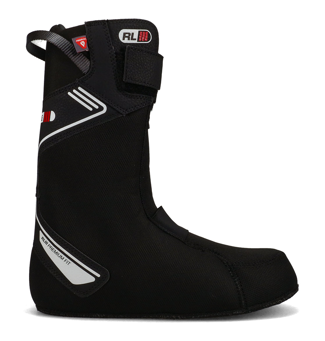 A black ski boot liner featuring a fabric heel loop, a Velcro strap at the top, and white and red accents. Taking inspiration from DC Shoes’ Men’s Judge Step On® Snowboard Boots, this liner is designed to provide enhanced comfort and insulation inside a ski boot.