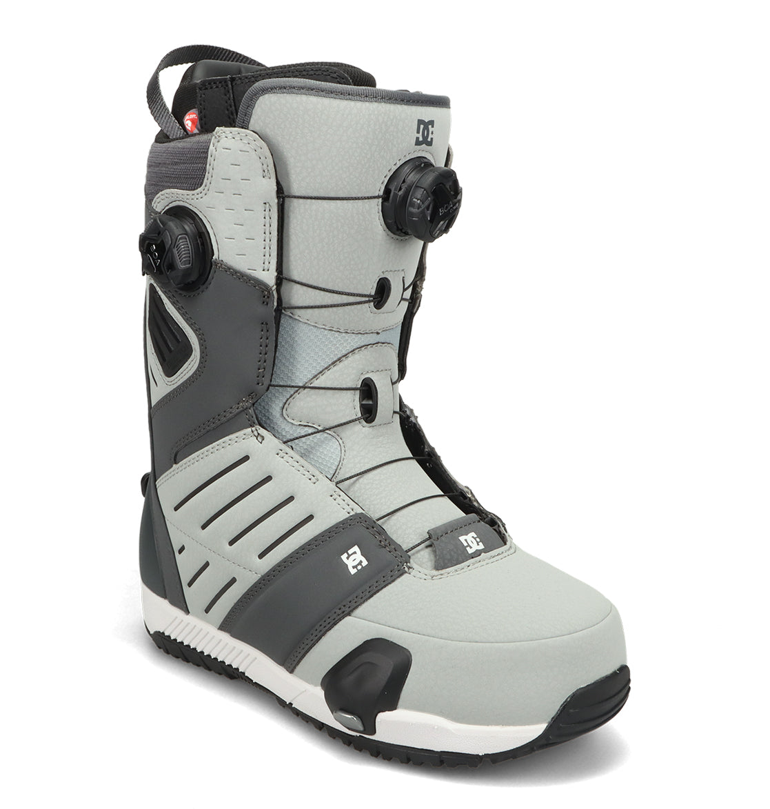 The Men’s Judge Step On® Snowboard Boots from DC Shoes feature a gray and black design, the BOA Fit System’s dual adjustment dials, reinforced stitching, and a treaded sole, making them expertly crafted for winter sports.
