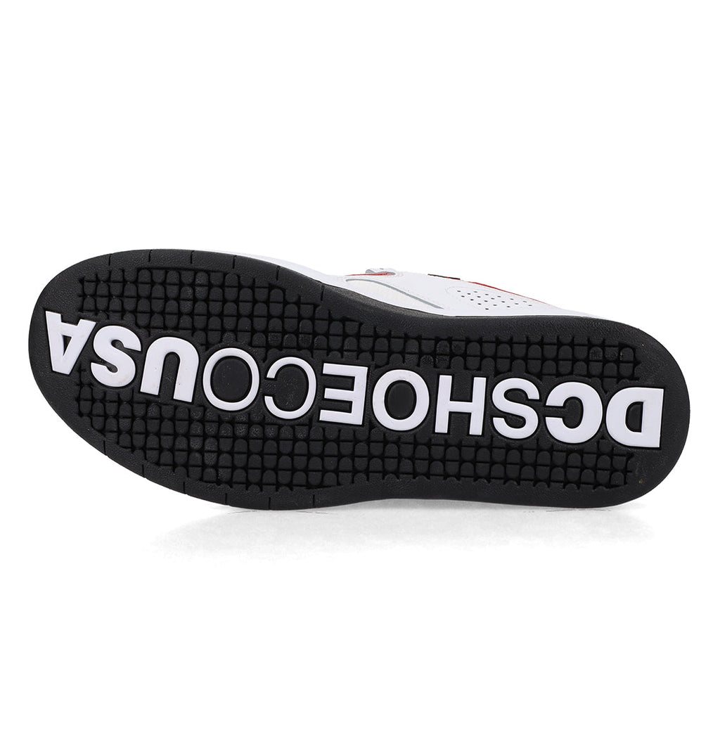 The sole of the Men’s Kalynx Zero Shoes by DC Shoes features a black bottom with large white DSCHOECOUSA text, shown upside down in a style reminiscent of classic DC Shoes skate sneakers.