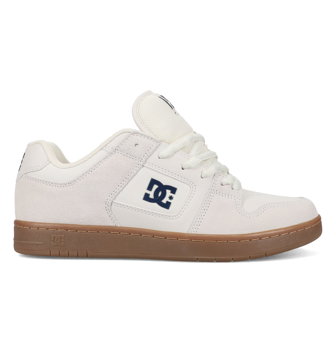 The Men’s Manteca 4 Shoes from DC Shoes feature a white low-top silhouette with a durable gum sole, complemented by white laces and a navy blue DC logo on the side. Designed with a blend of suede and leather panels, these shoes offer both stylish appeal and performance-focused functionality, making them an excellent choice for everyday wear or skating.