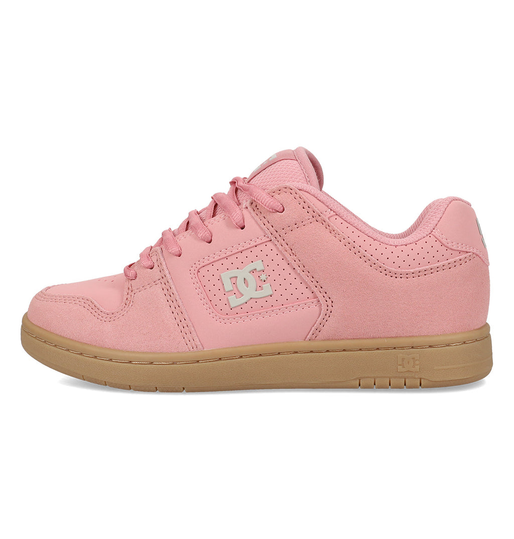 The Women’s Manteca 4 Shoes by DC Shoes feature a pink upper with a gum sole, white DC logo on the side, perforated details, a mix of suede and leather textures, and coordinating pink laces—embodying classic style that’s perfect for any fan of DC Shoes.