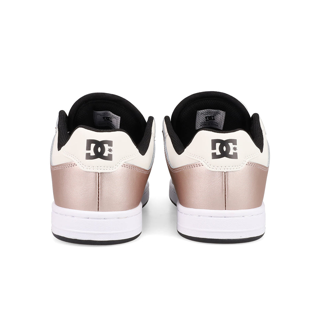 The Women's Manteca 4 Shoes by DC Shoes feature a metallic rose gold heel, white upper, black interior, and white sole—making these stylish sneakers perfect for upgrading your look.
