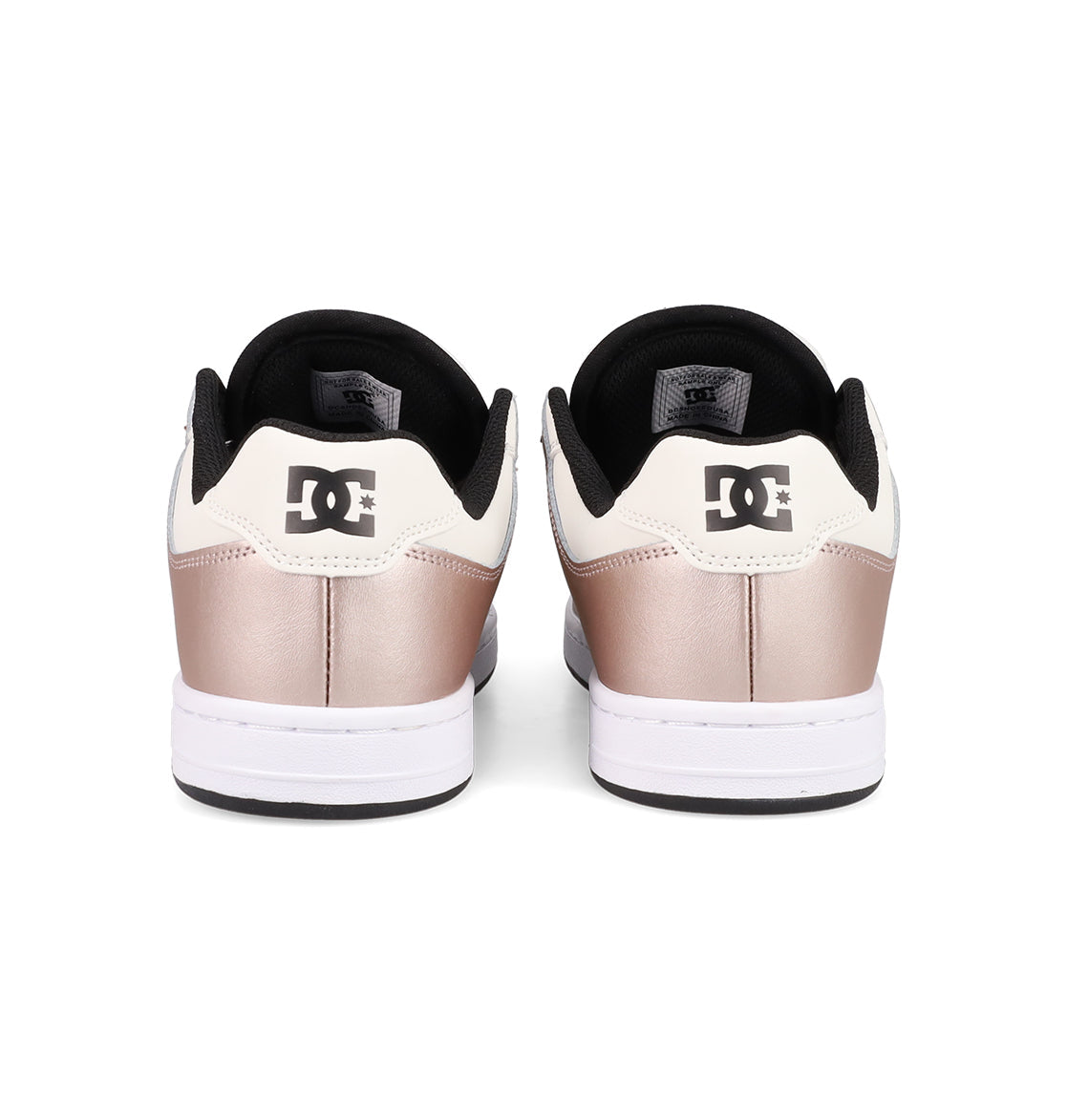 The Women's Manteca 4 Shoes by DC Shoes feature a metallic rose gold heel, white upper, black interior, and white sole—making these stylish sneakers perfect for upgrading your look.