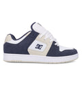 The Men’s Manteca 4 Shoes by DC Shoes come in a navy blue, white, and beige colorway. These low-top sneakers are designed for performance and include white laces, a white sole, and feature the DC Shoes logo on both the side panel and tongue.