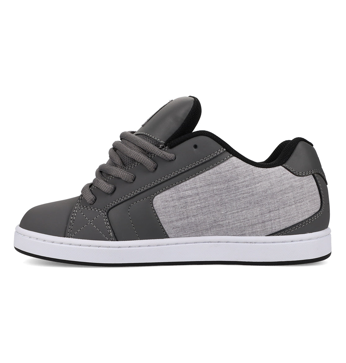 The Men’s Net Shoes by DC Shoes are shown in a side profile on a white background, featuring a gray colorway with black accents, gray laces, and a light gray fabric panel on the side crafted from durable materials, all set atop a white sole.