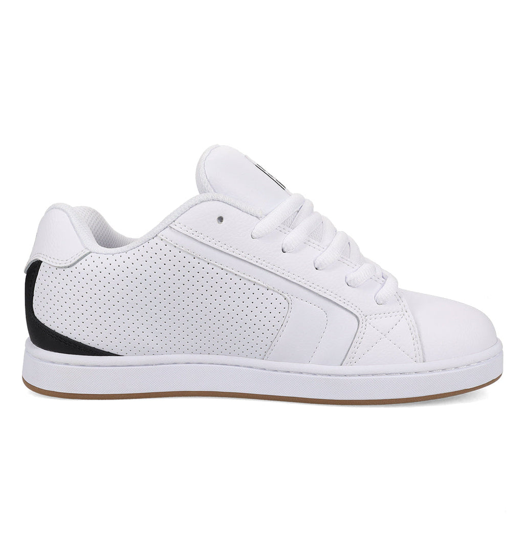 A side view of the DC Shoes Men’s Net Shoes, a white low-top sneaker featuring perforated side panels, white laces, a black accent on the heel, and a light brown rubber sole crafted from durable materials.