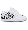 The Men's Net Shoes by DC Shoes feature a white upper with black accents, a bold black DC logo, perforated heel, white laces, and a light brown rubber sole for all-day comfort in a classic puffy sneaker design.
