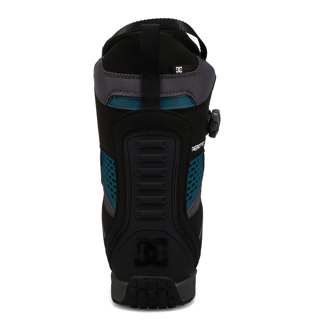 Rear view of a single black and teal DC Shoes Men’s Phantom Snowboard Boot featuring a textured sole, pull loop, and prominent DC Shoes logo near the heel—crafted for those seeking reliable performance on their next winter adventure.