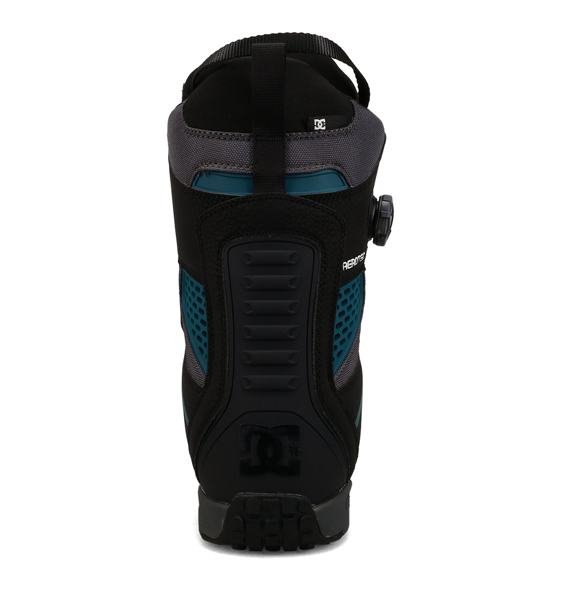 Rear view of a single black and teal DC Shoes Men’s Phantom Snowboard Boot featuring a textured sole, pull loop, and prominent DC Shoes logo near the heel—crafted for those seeking reliable performance on their next winter adventure.