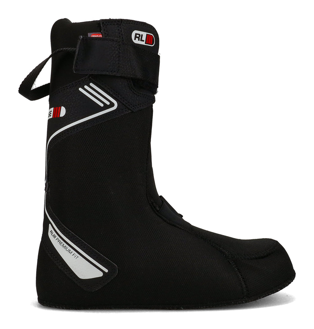 A side view of the DC Shoes Men’s Phantom Snowboard Boot liner in black, featuring a top Velcro strap, white and red accents, and a back pull loop—ideal for boosting comfort and support in your snowboard boots, displayed against a white background.
