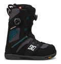 The Men’s Phantom Snowboard Boots by DC Shoes feature a black and gray design with teal accents, a dial lacing system, and the iconic DC logo on the side. Engineered for winter adventure, these performance boots are equipped with a sole branded with Vibram in yellow.