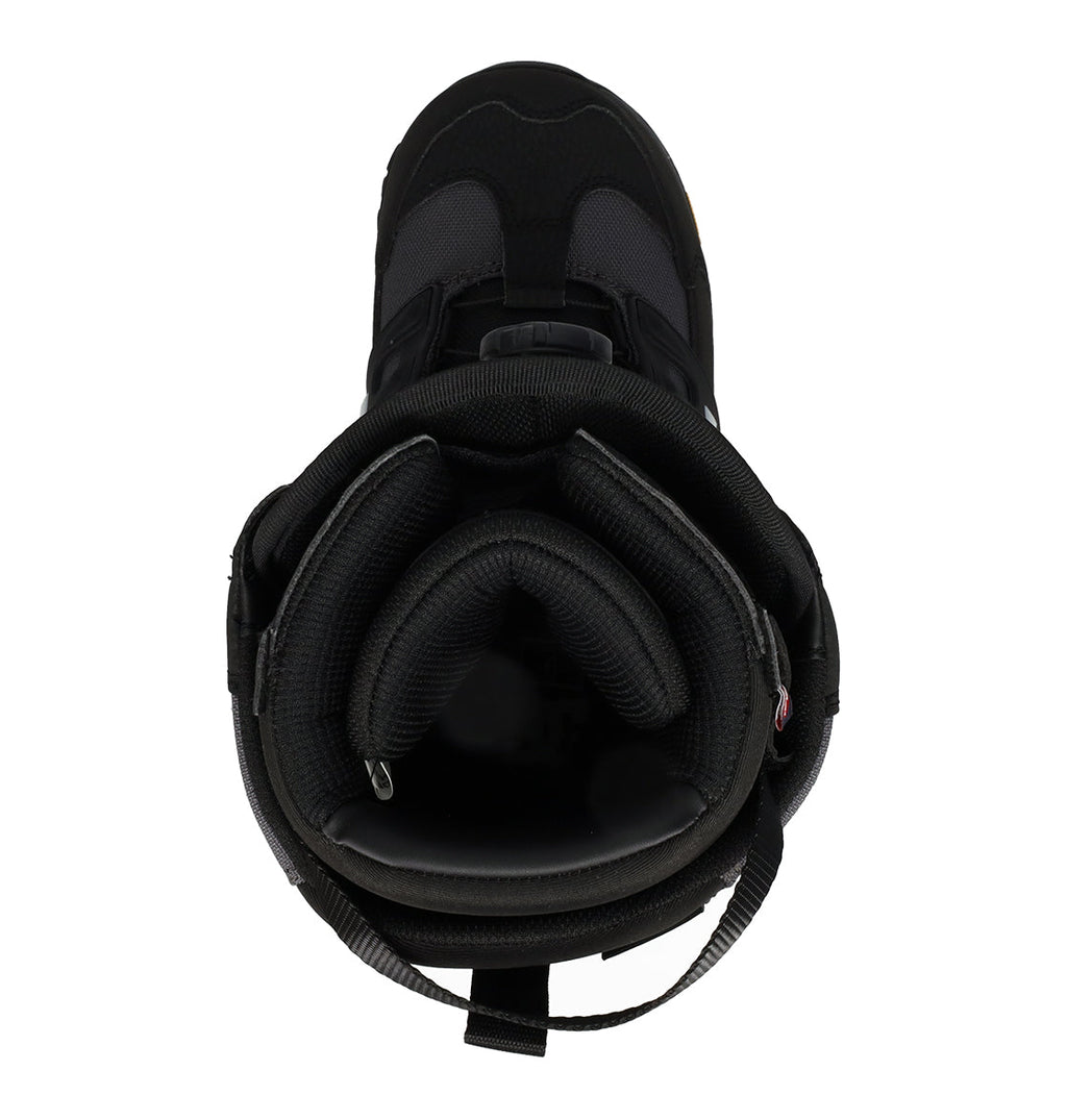 Top view of the DC Shoes Men’s Phantom Snowboard Boot in black, highlighting the padded interior lining, tongue, and part of the outer shell against a white background.