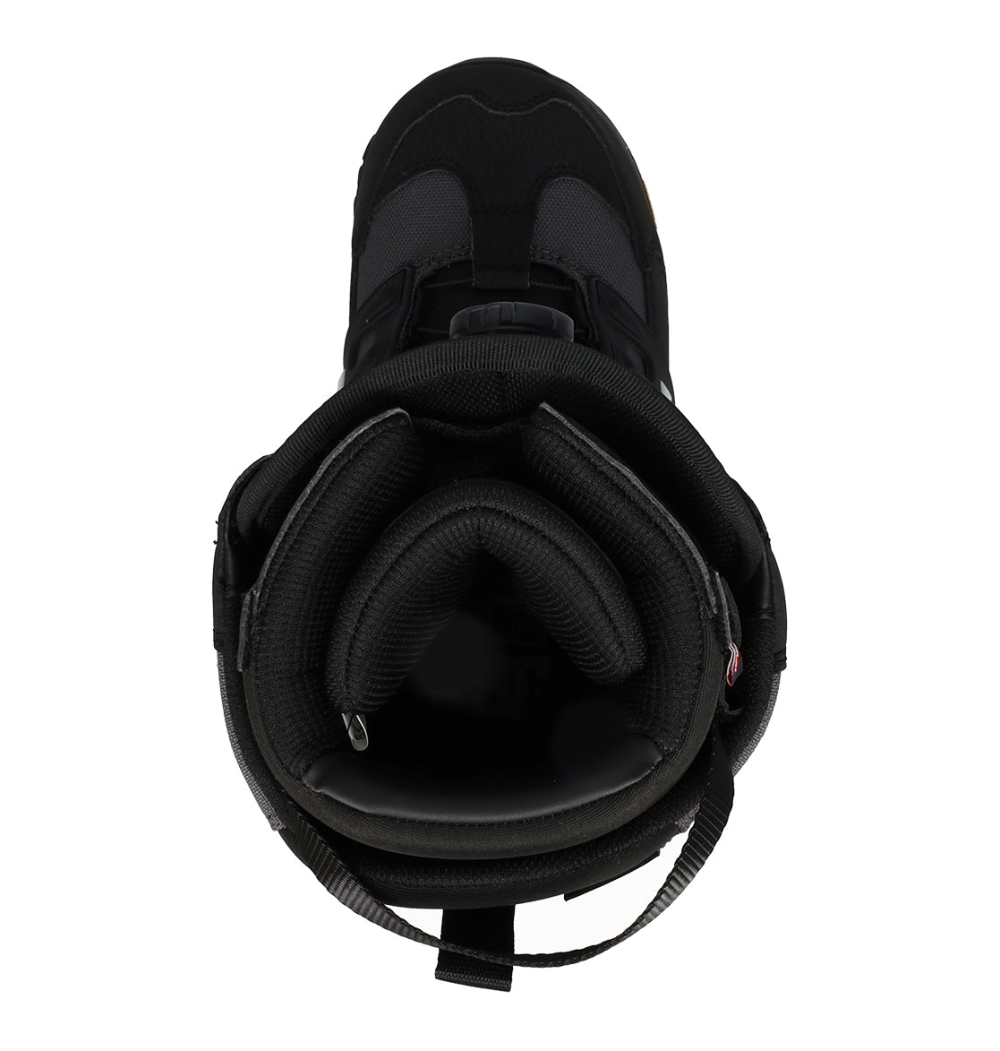 Top view of the DC Shoes Men’s Phantom Snowboard Boot in black, highlighting the padded interior lining, tongue, and part of the outer shell against a white background.