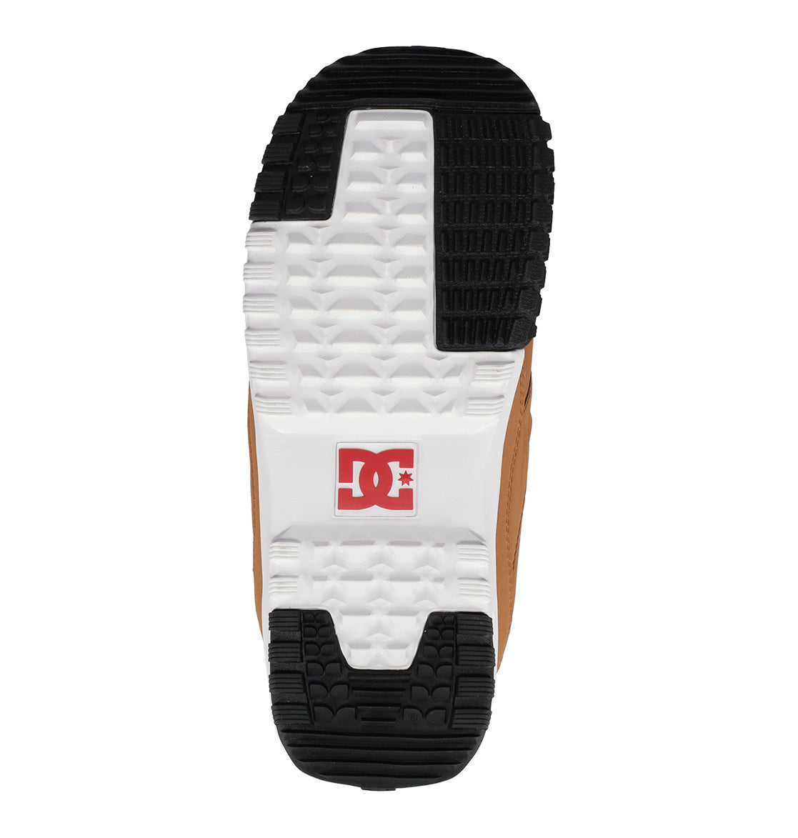 Bottom view of a tan DC Shoes Men’s Premier Hybrid Snowboard Boot, featuring a white sole with black tread and a red DC Shoes logo in the center—evoking the rugged design and exceptional grip and durability characteristic of snowboard boots.
