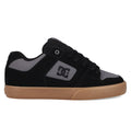 The DC Shoes Men's Pure Shoes are black and gray low-top skate shoes with a gum sole, black laces, and the DC logo on the side—ideal for skating sessions or casual wear.
