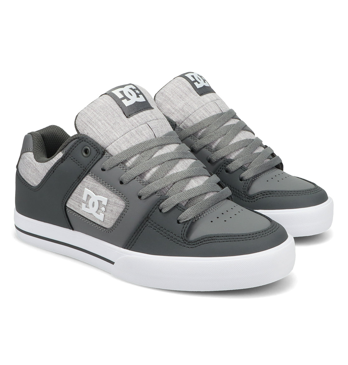 A pair of Men’s Pure Shoes by DC Shoes in gray, featuring white soles, white DC logos on the side and tongue, and gray laces, displayed against a white background—these versatile sneakers are designed for comfort and style, making them an excellent addition to any men’s shoe collection.