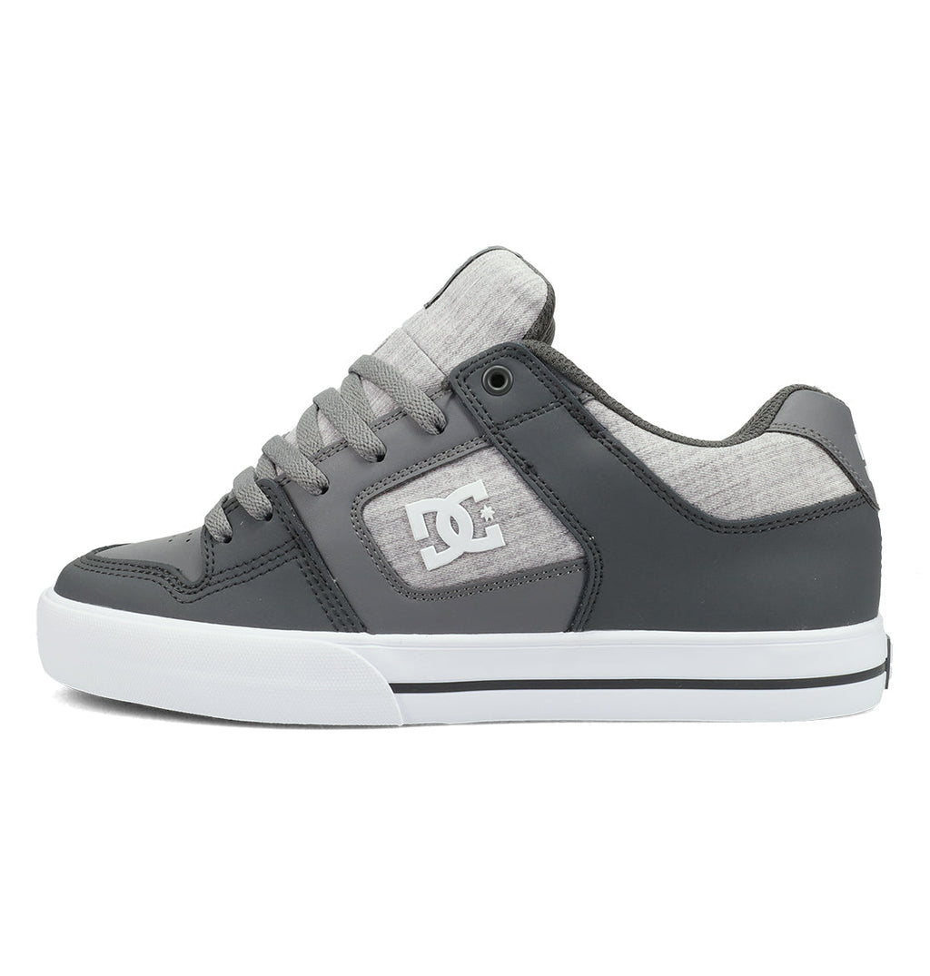 DC Shoes Men’s Pure Shoes in dark grey feature heather grey textile panels, grey laces, a white DC logo on the side, and a white sole—crafted for comfort and versatile style suitable for any occasion.