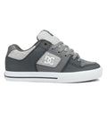 The DC Shoes Men’s Pure Shoes, featuring a gray colorway with a white logo, gray laces, and a white rubber sole, are displayed from the side on a white background—making these comfortable sneakers a versatile addition to any wardrobe.