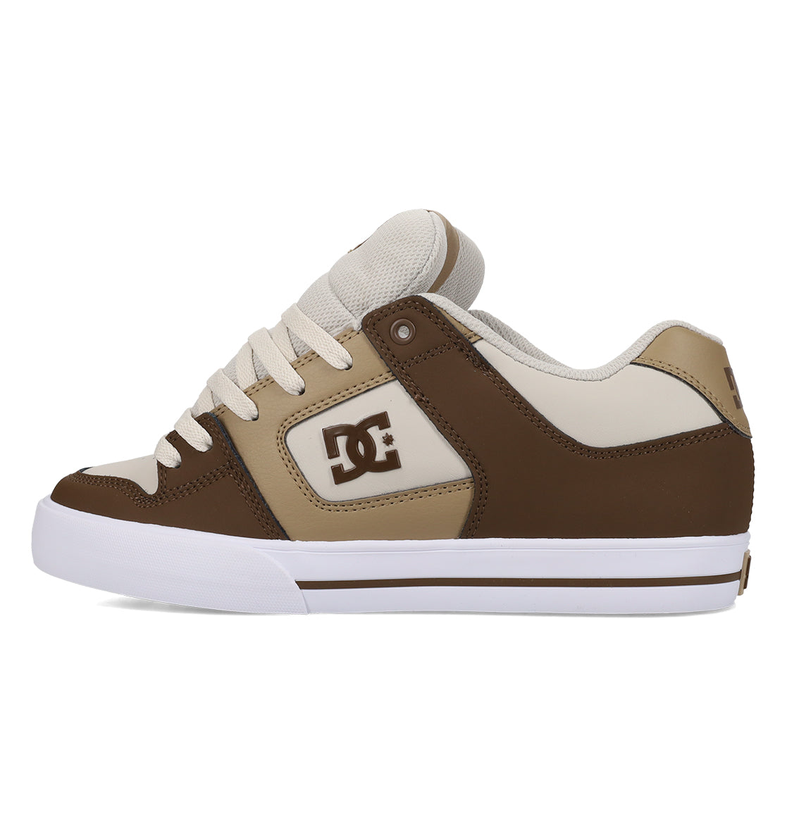 A pair of Men’s Pure Shoes by DC Shoes featuring a brown and beige color scheme, white laces, and a white sole is shown in a side view. The iconic DC logo appears on the side, and the shoe’s low-top design offers both style and comfort for men.