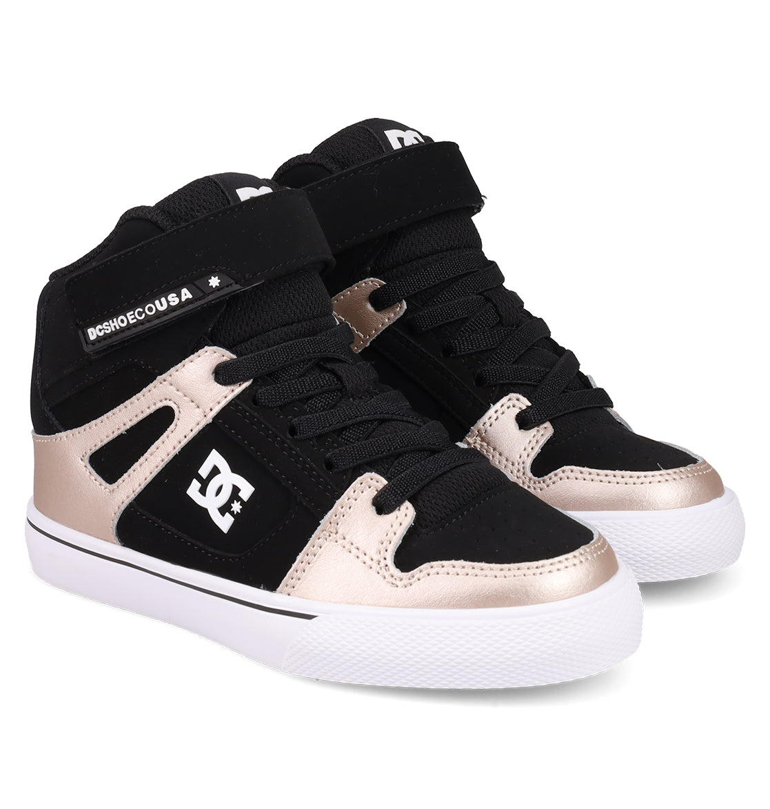 The DC Shoes Kids' Pure Hi Top EV Shoes feature a black and metallic gold design with white soles, black laces, and branded details—ideal skate sneakers for style-savvy kids. Shown against a white background.