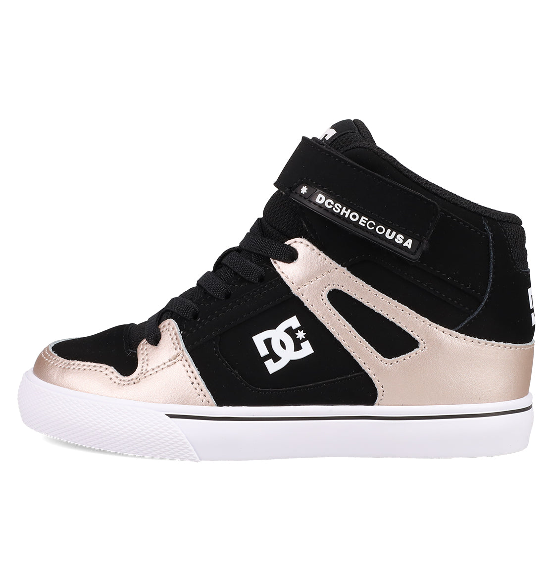 DC Shoes Kids' Pure Hi Top EV Shoes feature a black and gold design with white logo, white sole, black laces, and a hook-and-loop ankle strap—stylish and supportive high-top skate shoes.