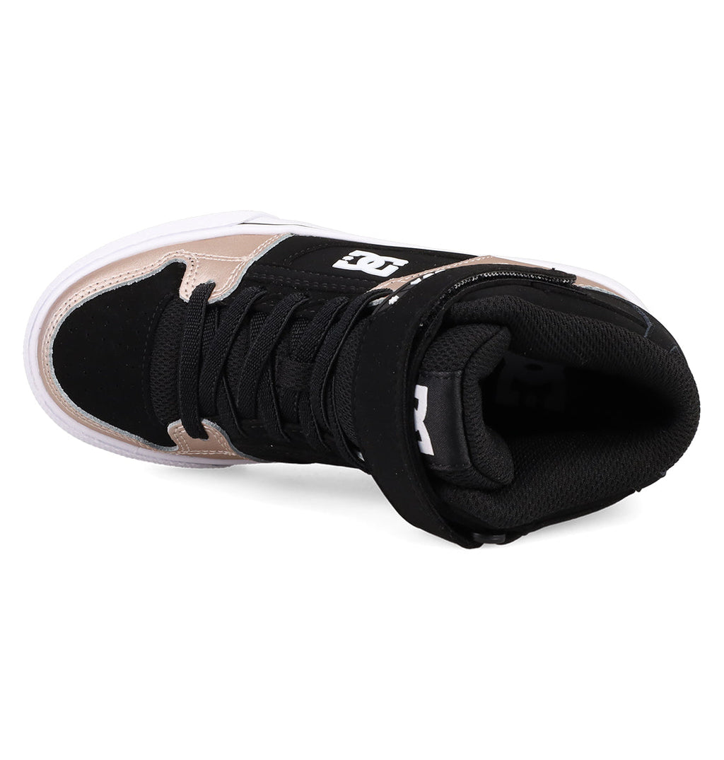 The DC Shoes Kids' Pure Hi Top EV features black and beige uppers with white accents, black laces, and visible logos on the tongue and side. It has a vulcanized white outsole and black interior lining, shown from an overhead view.