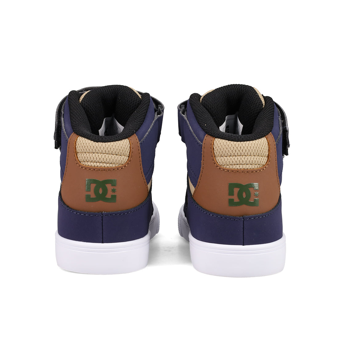 DC Shoes Kids' Pure Hi Top EV sneakers, shown from the back, feature brown heels, navy blue sides, white soles, black collars, and green DC logos on the heel.
