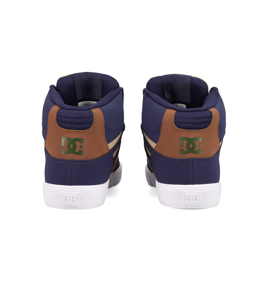 A pair of DC Shoes Men's Pure High Top WC skate shoes in navy and brown, with green DC logos on the heels, a vulcanized outsole, and white soles, viewed from the back against a white background.