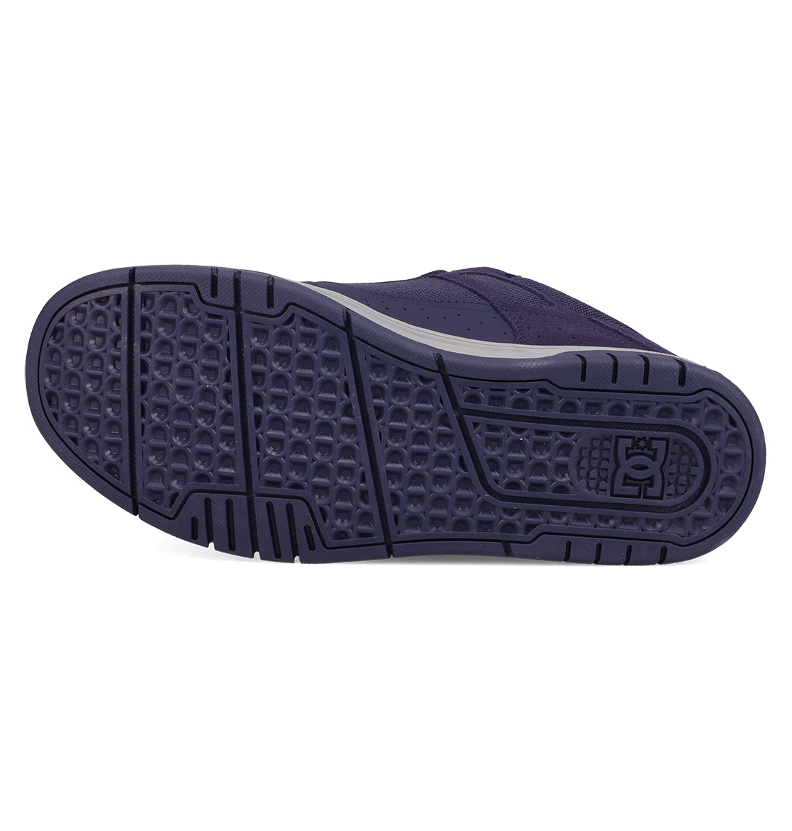 The image shows the dark purple sole of the Men's Stag Shoes by DC Shoes, with a textured tread for grip and an embossed DC Shoes logo near the heel, reflecting skate style and durable cupsole construction.
