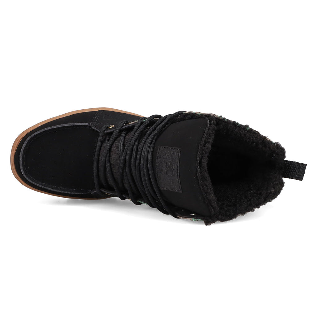 Top view of the Men's Woodland Winter Boots by DC Shoes, featuring black laces, a brown sole, cozy sherpa lining, and a back pull tab—designed for warmth and style.